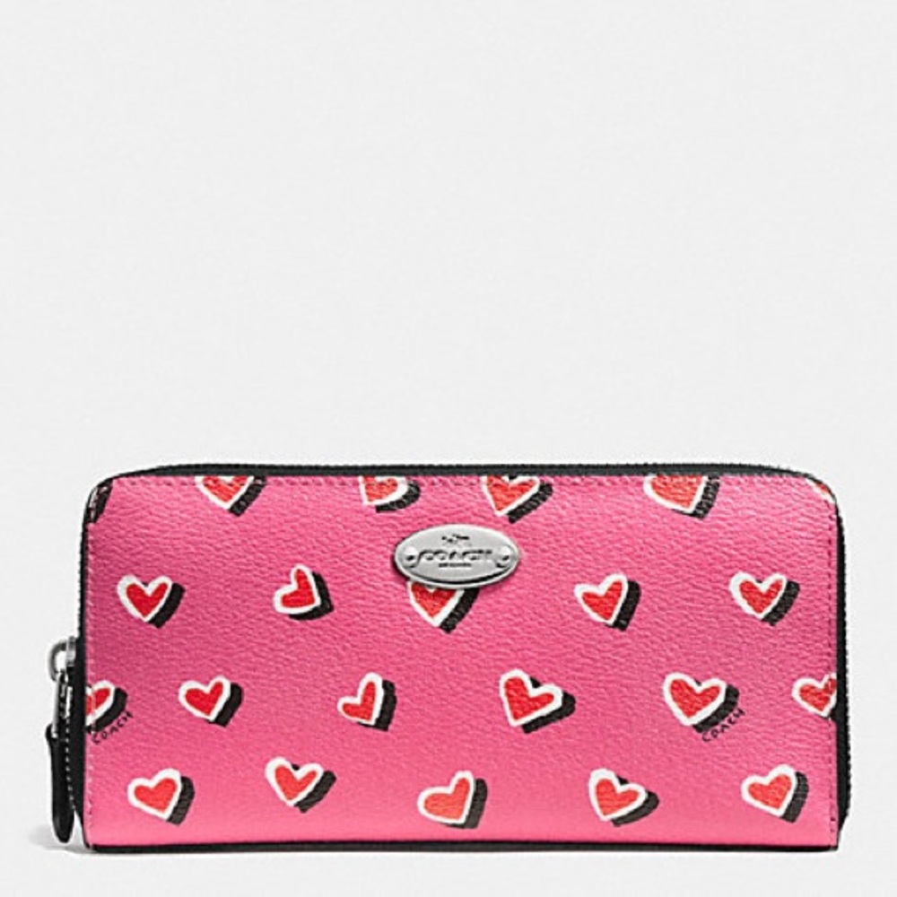 NWT Coach Accordion Zip Heart Print Pattern Canvas Wallet in Pink